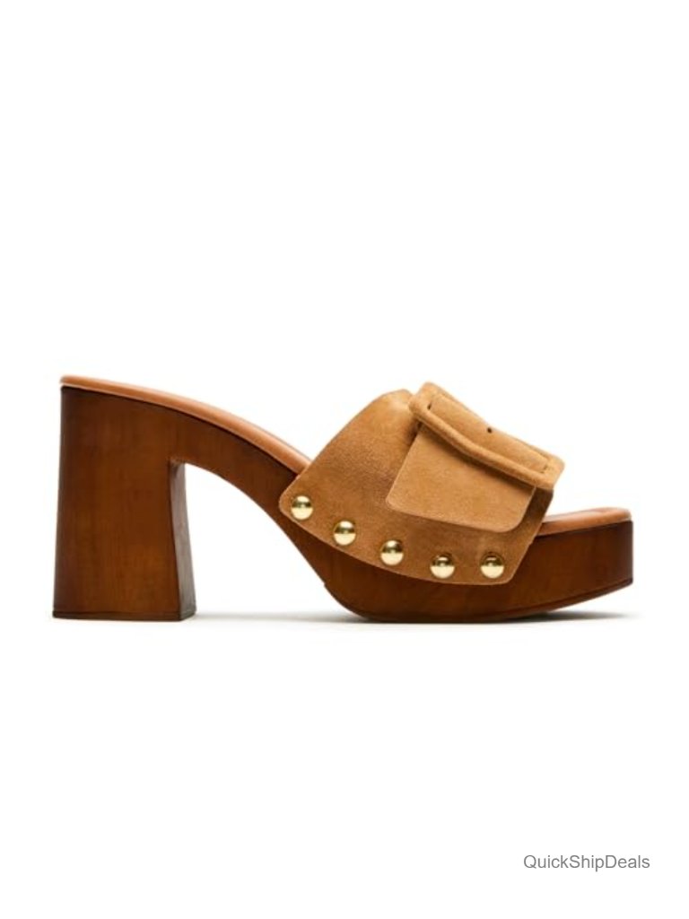 Suede Platform Mules Chunky Block Heel Studded Retro Sandals Women's Shoes